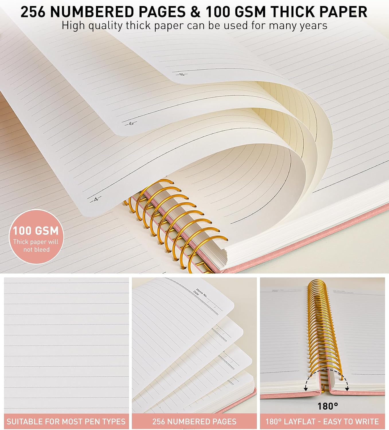 A4 Spiral Notebook Journal 8.5” x 11”, 256 Numbered Pages Hardcover Leather Journals for Women Men, Large Lined College Ruled Notebooks, 100GSM Thick Paper, Spiral Bound Journal for Work School, Pink image 5