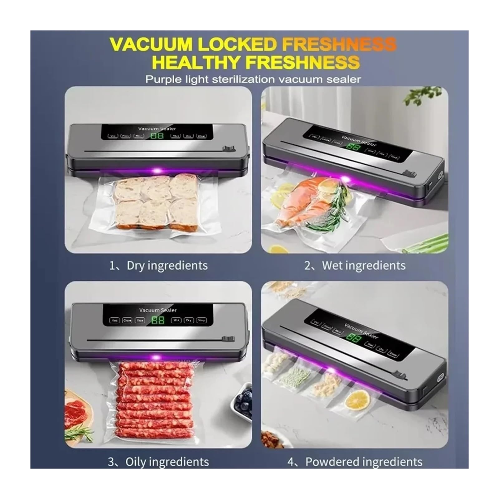 Máquina de sellado, Máquina selladora al vacío eléctrica for alimentos secos y húmedos, con botones táctiles y pantalla digital.