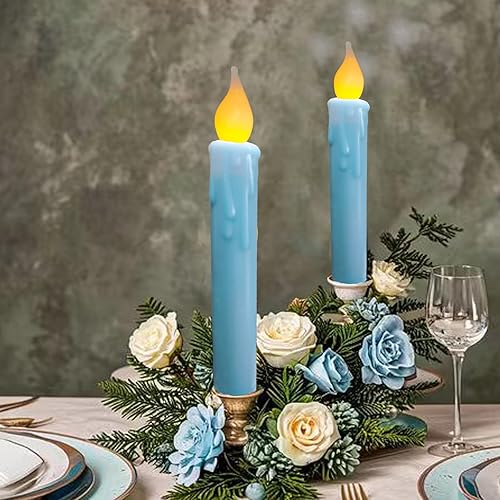 Miniatura 9 de LINCOUNTRY. Velas cónicas de cera primitiva, color azul, funcionan con pilas, parpadeantes, sin llama, con temporizador, luces LED goteadas de 6.75