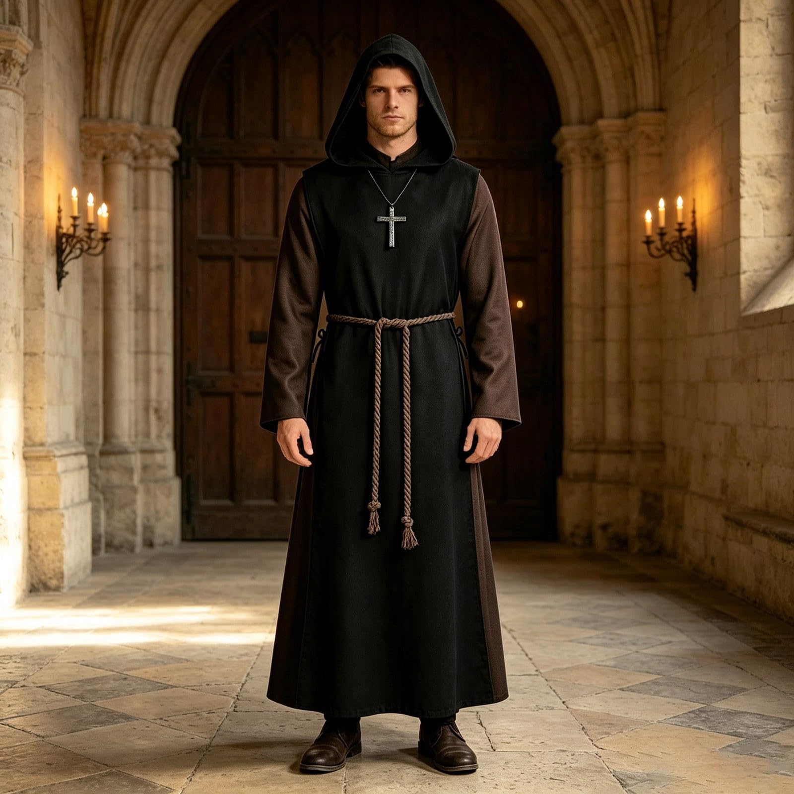 Deguisement Moine Homme Adulte, DéGuisement Moine Medieval Renaissance, Costume De Moine PrêTre, Costume Robe De PrêTre Halloween Avec Collier Croix, Cape à Capuchon Longue Pour Carnaval Cosplay Fete