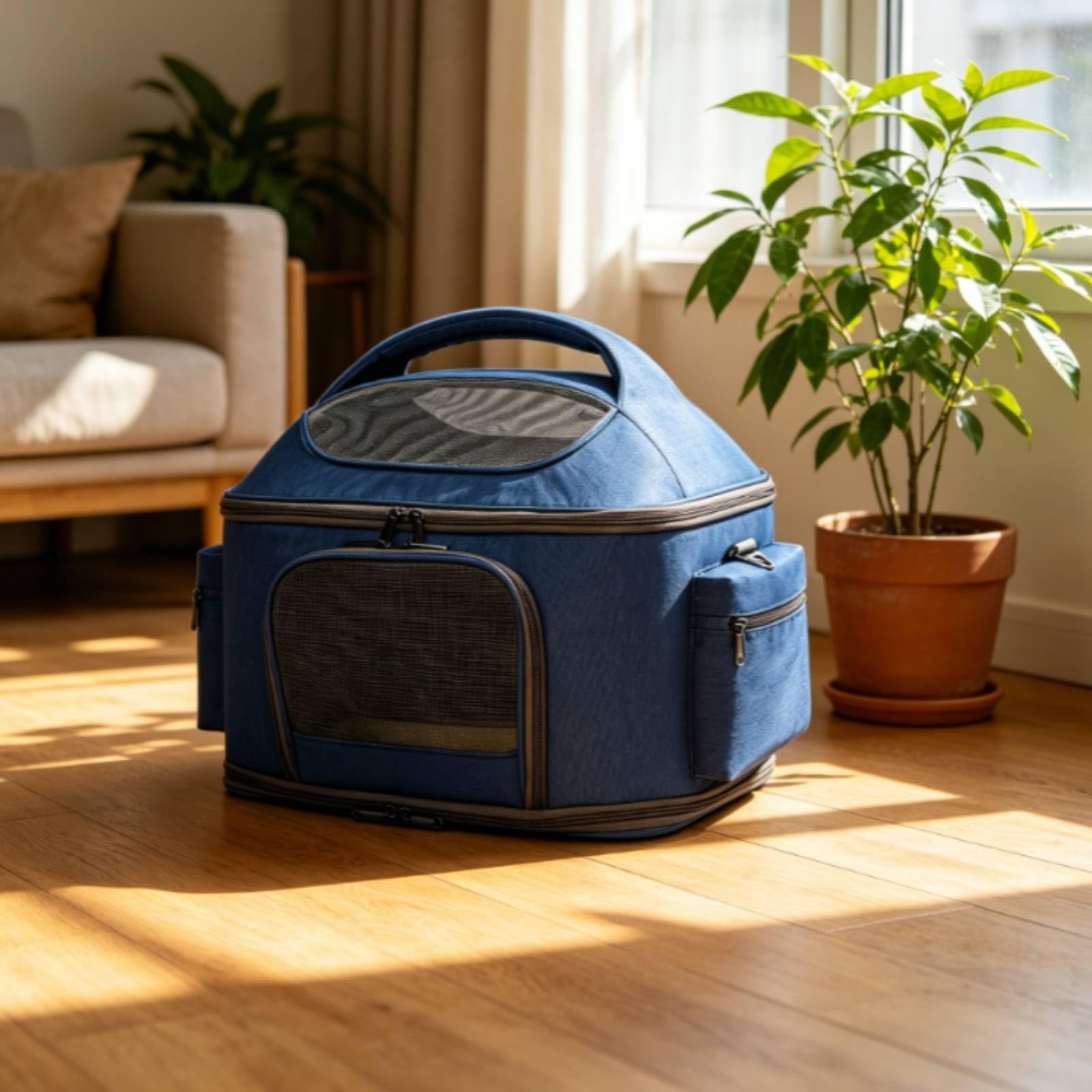 Transportín con Correa Hombro Suave Transportín con Paneles Malla Transpirable Bolsa Transporte Correa Hombro para Paseos, Azul