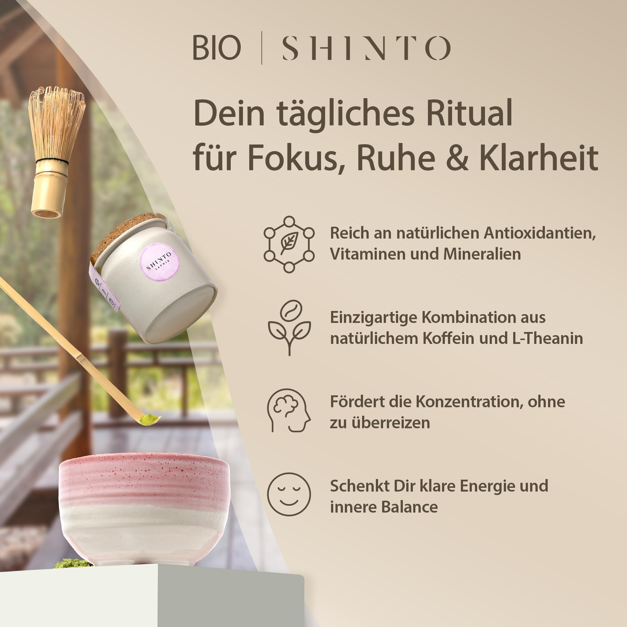 Shinto - Bio Matcha Pulver "Saphir" - angenehm spürbares Umami - Ceremonial Matcha Tee beschattet & handgepflückt - florales Aroma mit feiner Frische - Direktimport aus Uji Japan - 30g Tongefäß