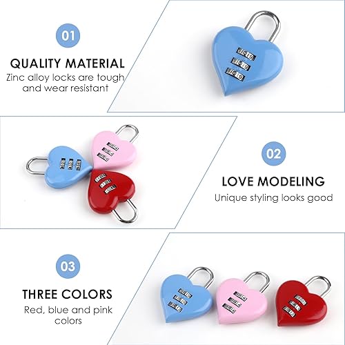 Miniatura 3 de 3 candados combinados en forma de corazón para niñas y mujeres, lindo mini bloqueo de código reiniciable de 3 dígitos, seguridad sin llave para