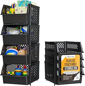 Skywin Plastic Stackable Storage Bins for Pantry - 4-Pack Black Stackable Bins For Organizing Food, Kitchen, and Bathroom ...