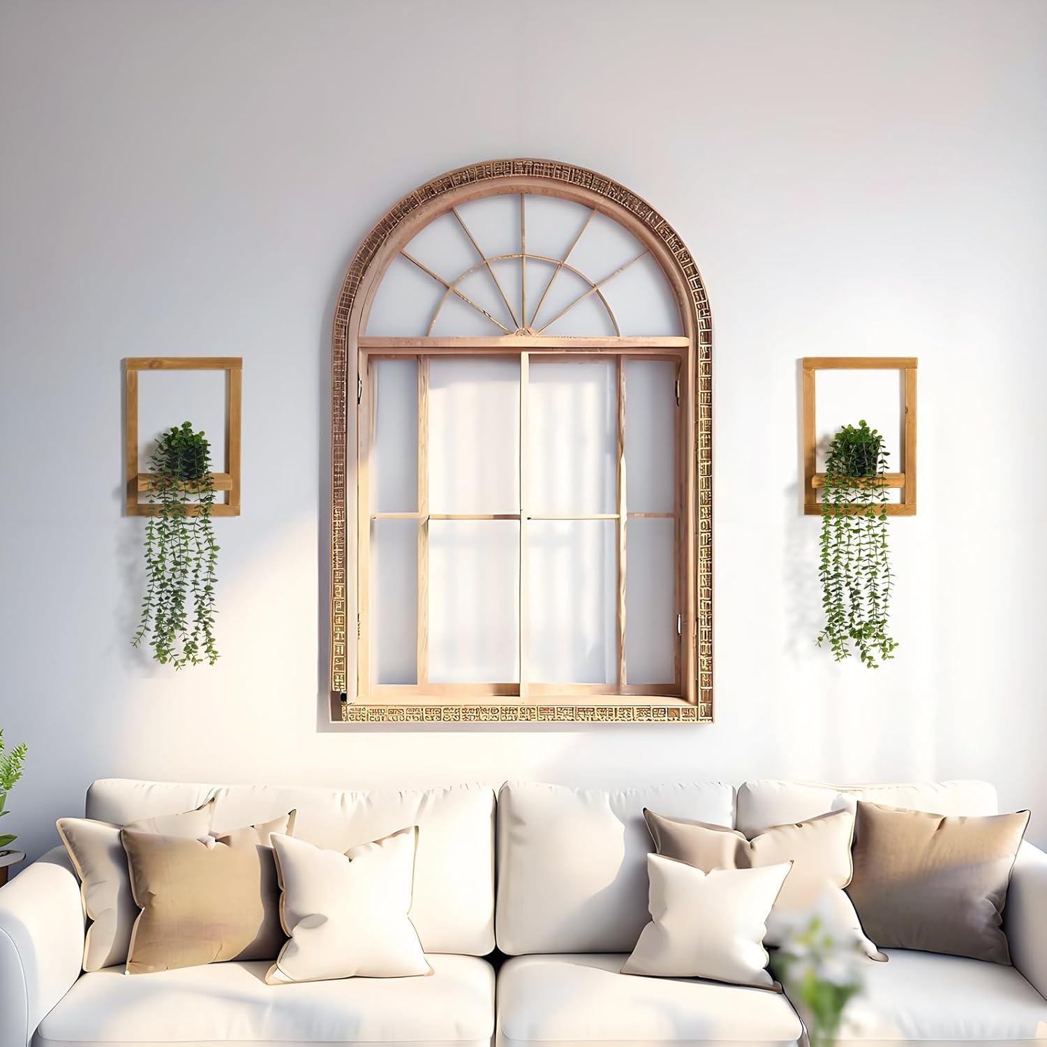 2 Pack Wooden Shelves with Fake Hanging Plants for Wall Decor, Modern Farmhouse Wood Wall Art for Living Room, Bathroom (Light Brown)