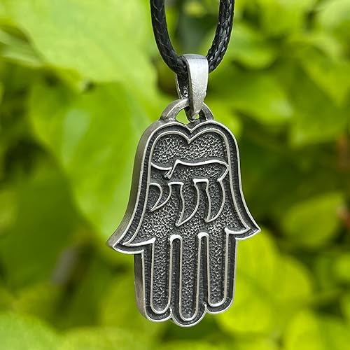 Miniatura 6 de Hamsa Hebreo Chai Magia Protección Amuleto Joyería Hamza Khamsa Dios Palma Mano de Fátima Fuerza de Poder Deflecting Evil Eye Pewter Hombre Colgante