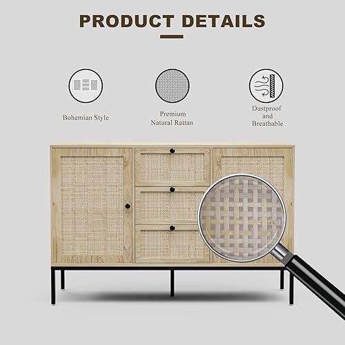 Miniatura 4 de Aparador de ratán con almacenamiento, armario con puertas y estantes, armario decorativo con cajones para sala de estar, cocina, comedor, entrada