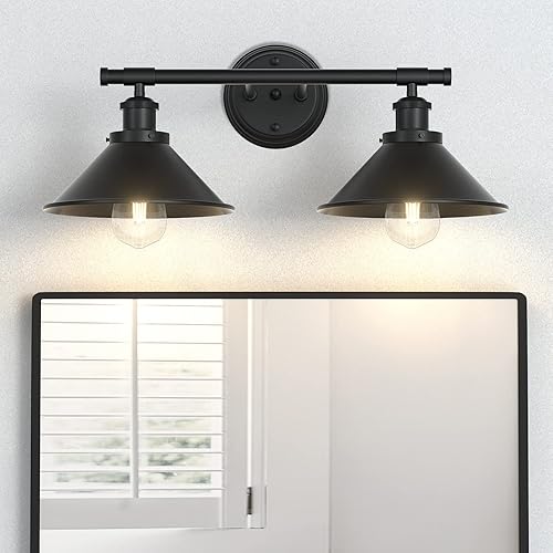 Licperron Aplique de pared negro de 2 luces, aplique de pared de baño de granja sobre el espejo, luces industriales rústicas de tocador de baño para