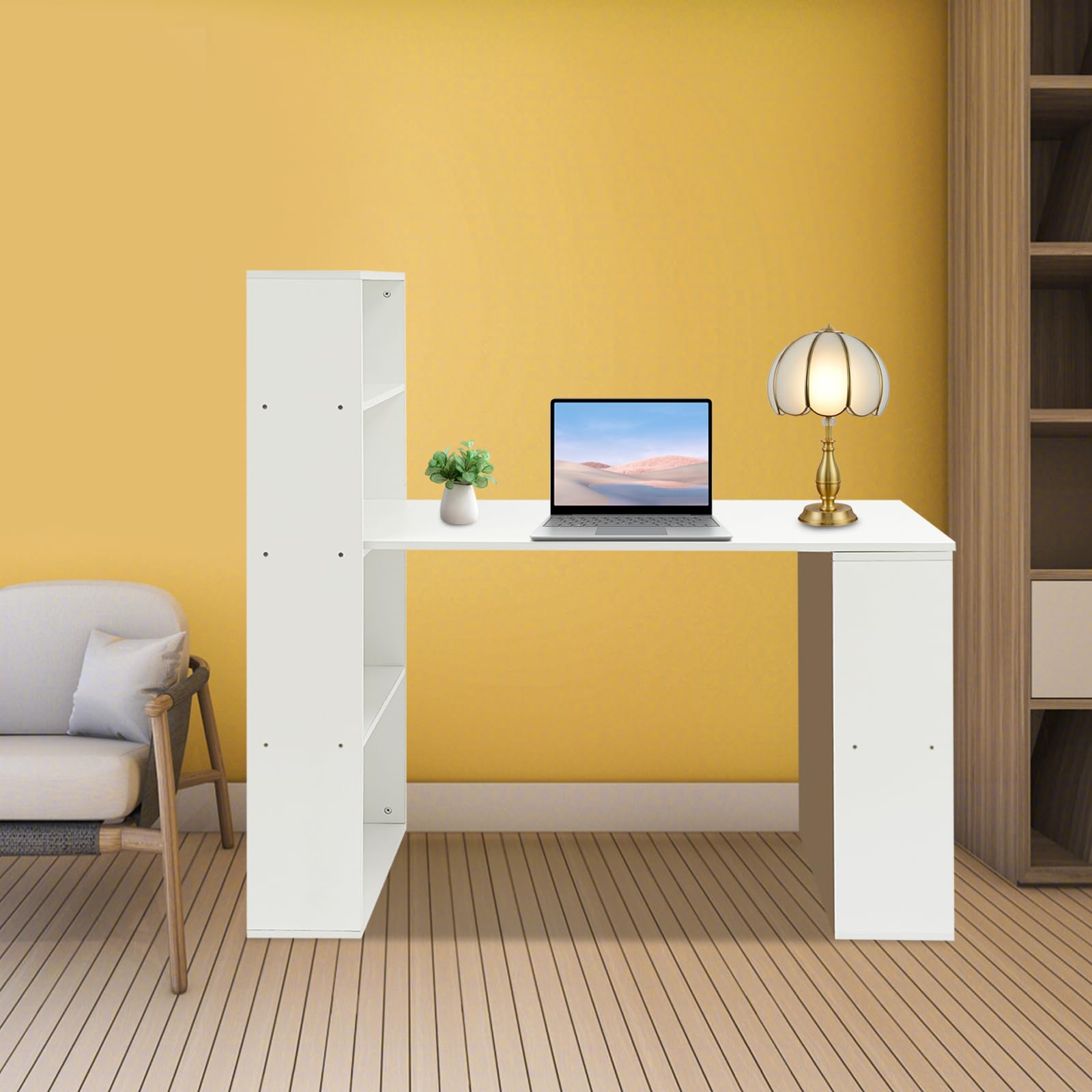 Scrivania con vano portaoggetti, scrivania per computer, scrivania angolare | Libreria a 4 ripiani e 2 ripiani laterali, per camera da letto, soggiorno, studio e ufficio, 120 x 52,4 x 120 cm