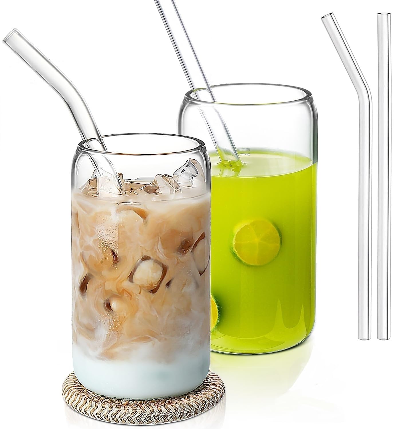 KELVEE Beer Glasses Can Shaped Glass Cups, Drinking Glasses with Glass Straw Set of 2, 540ml Tumbler for Cold Coffee, Smoothies, Juice, Soda, Any Drink and Any Occasion (Beer Can - 2)