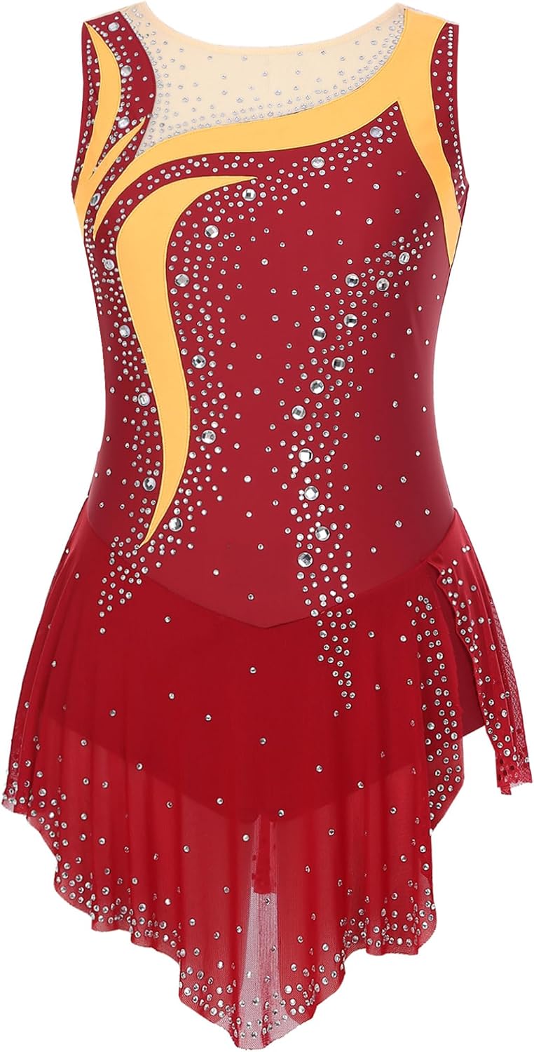 Women's Round Neck Sleeveless Figure Skating Dress Sparkly Skirted Leotard Lyrical Dance Dress