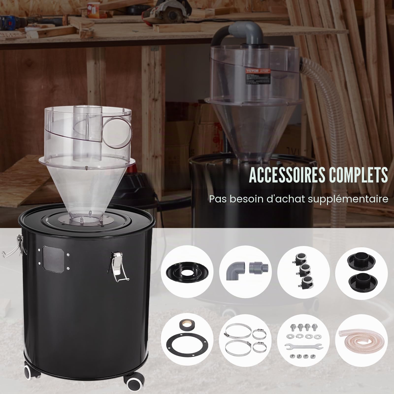 VEVOR Séparateur de poussière cyclonique avec réservoir en métal 50 L, collecteur dépoussiéreur cyclonique en ABS, avec adaptateur 50 mm, tuyau 2 m, pour aspirateurs à poudre d'atelier humides/secs