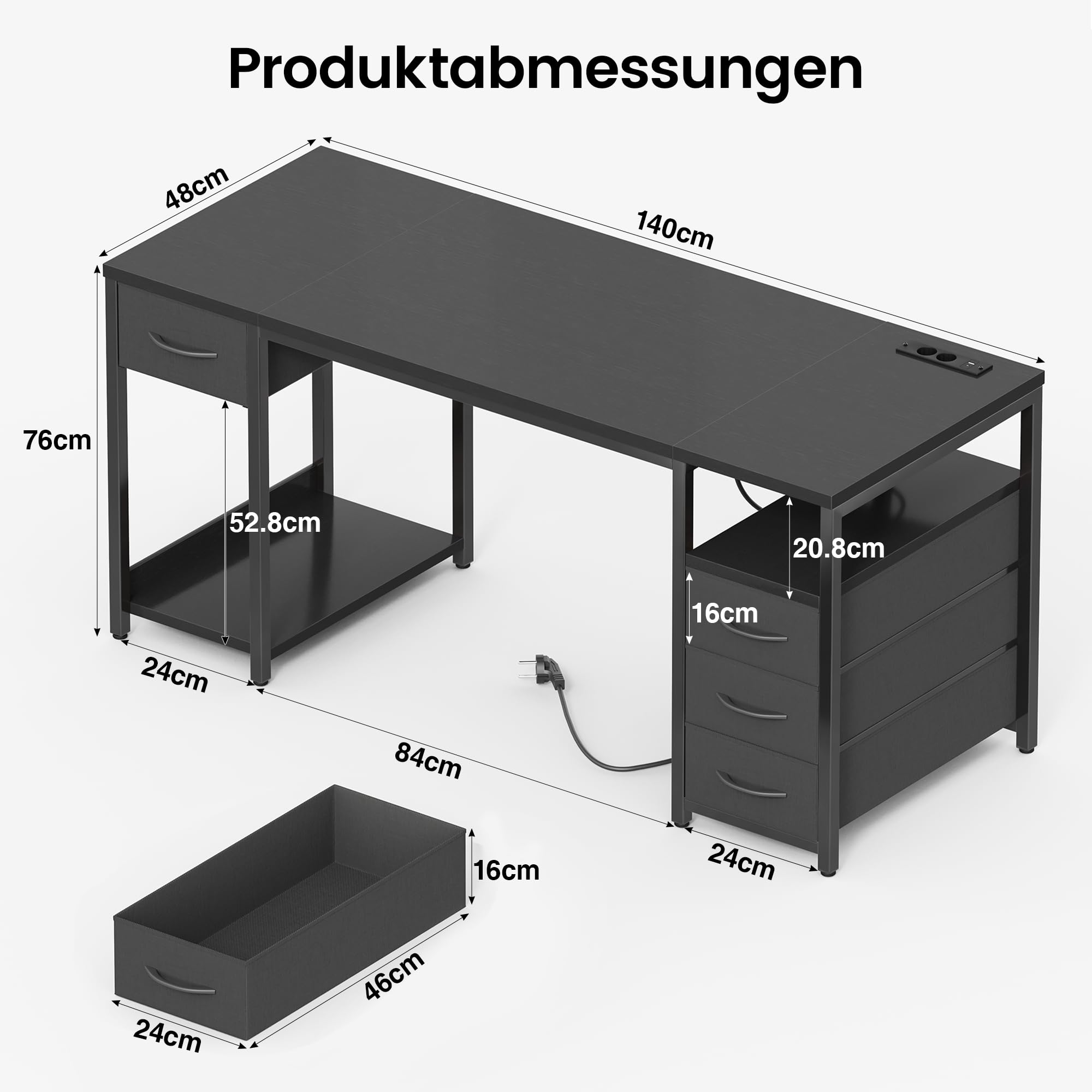 YOUDENOVA Schreibtisch mit 4 Schubladen, Computertisch 140cm mit Steckdosen und USB A/C, CPU-Ständer, Ablagefach, Stabiler Bürotisch PC Tisch Officetisch Für Büro Wohnzimmer Home Gaming Schwarz