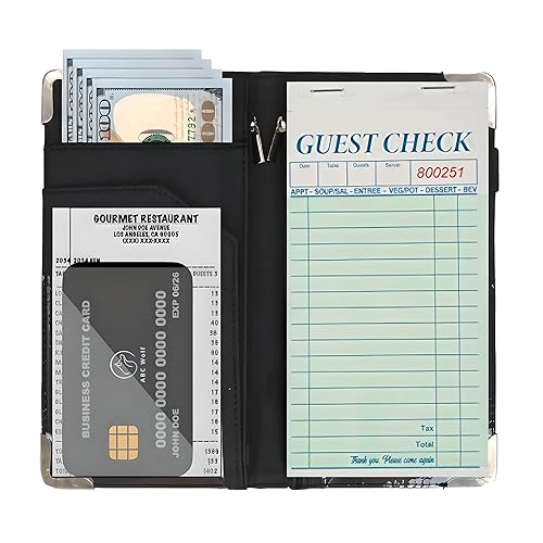 Miniatura 5 de Libro de servidor premium negro oscuro para camarero y camarera, organizador con múltiples bolsillos y ventanas de identificación