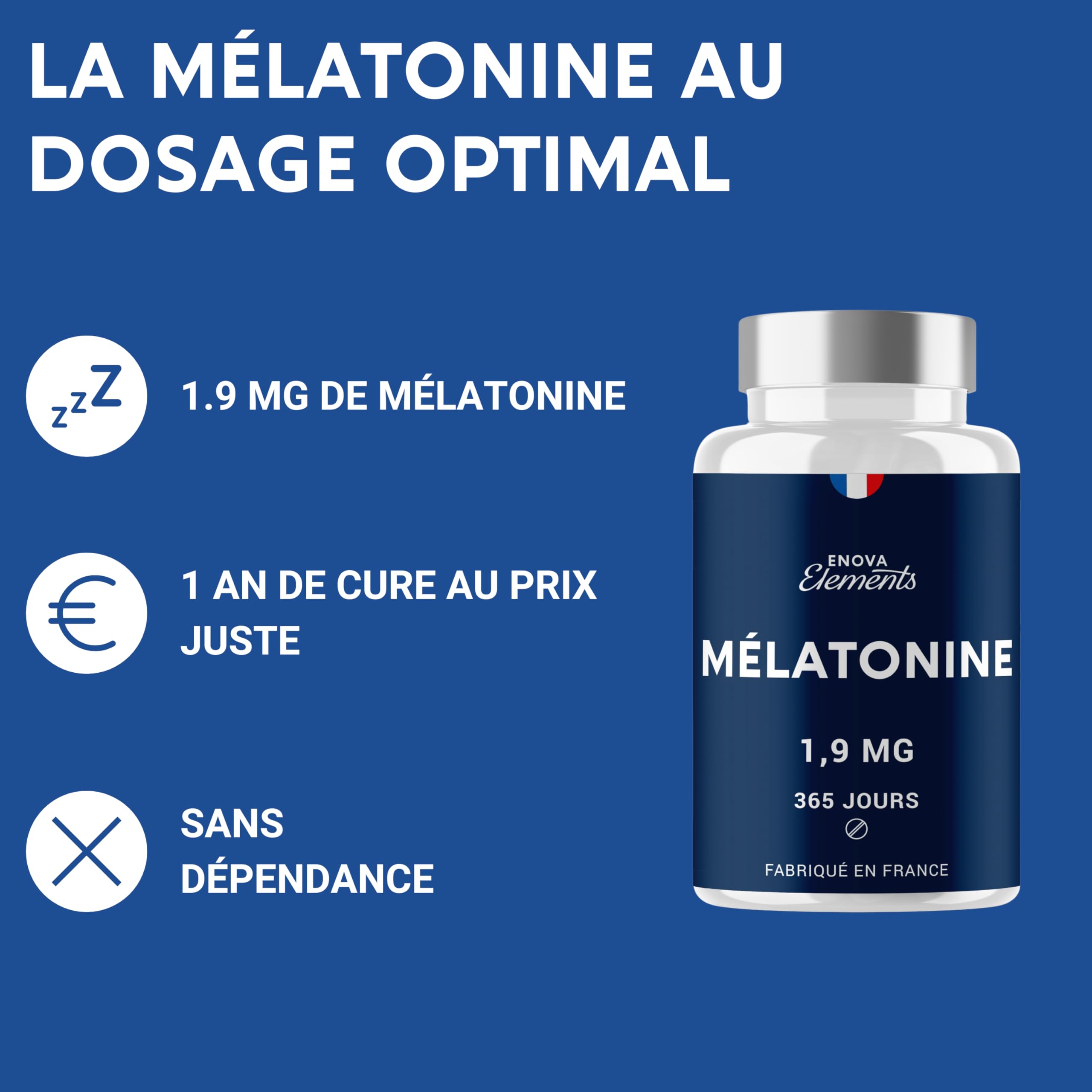 MÉLATONINE 1,9MG - 1 an d’Approvisionnement 365 Comprimés - Endormissement, Sommeil, Jetlag - Fabriqué en France