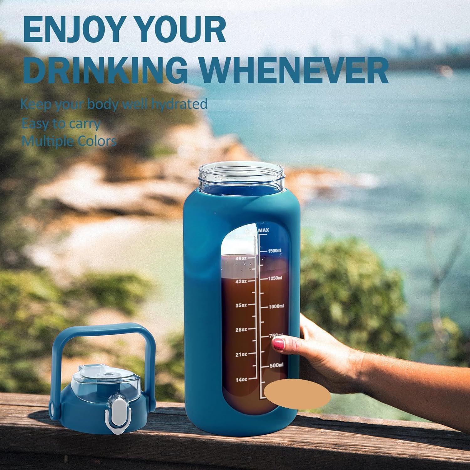 kytffu 64oz Glass Water Bottles with Straw, Half Gallon Motivational Glass Bottle with Silicone Sleeve and Time Marker, 2L Leakproof Large Glass Water Jug for Gym Home Office,Iron Blue - Image 7