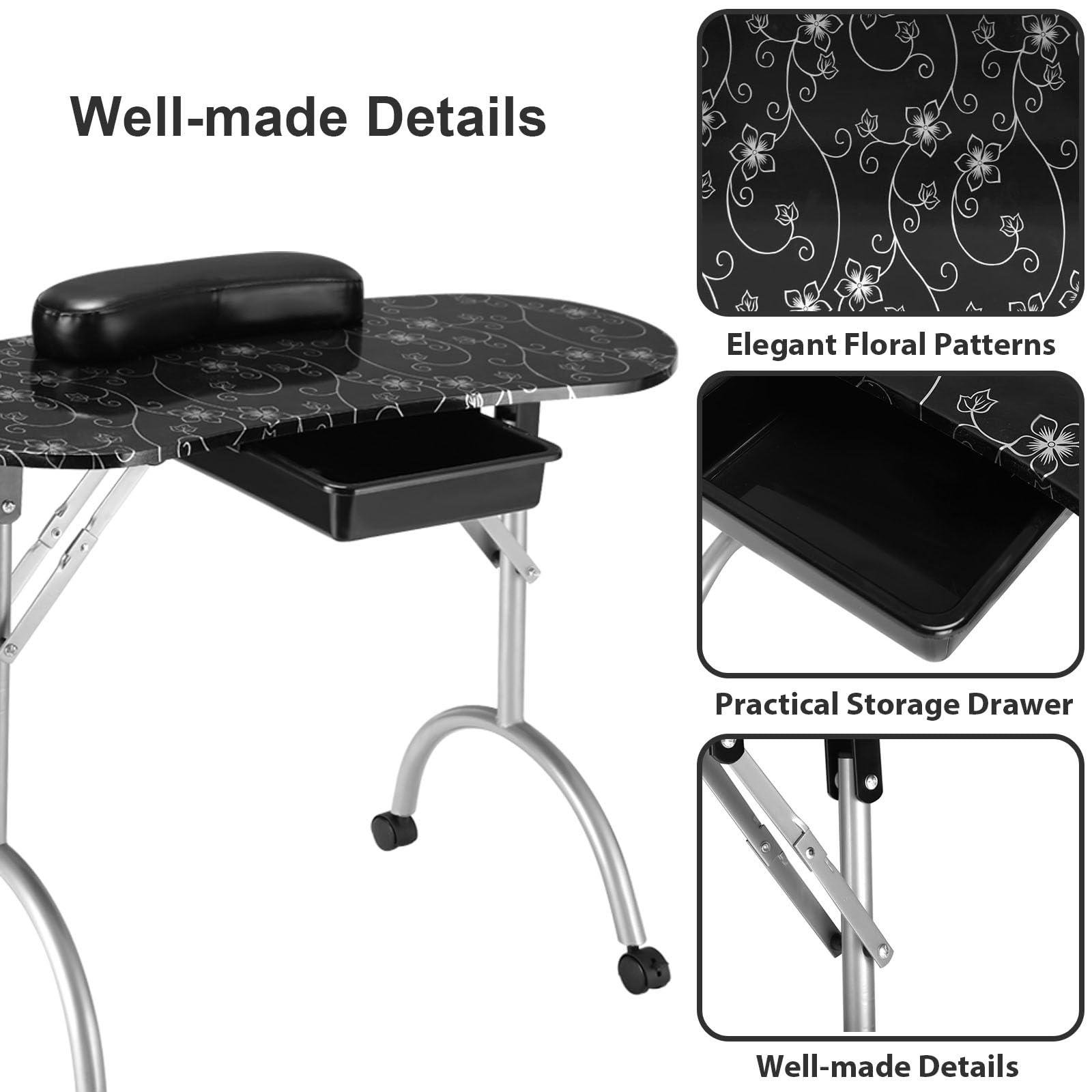 HOMASIS Klappbarer und abnehmbarer Maniküre-Tisch mit Handgelenkstütze und Schublade, Kosmetik-Schreibtisch mit Aufbewahrungstasche für Schönheitssalons, Zuhause, 90 x 37 x 69 cm, Schwarz