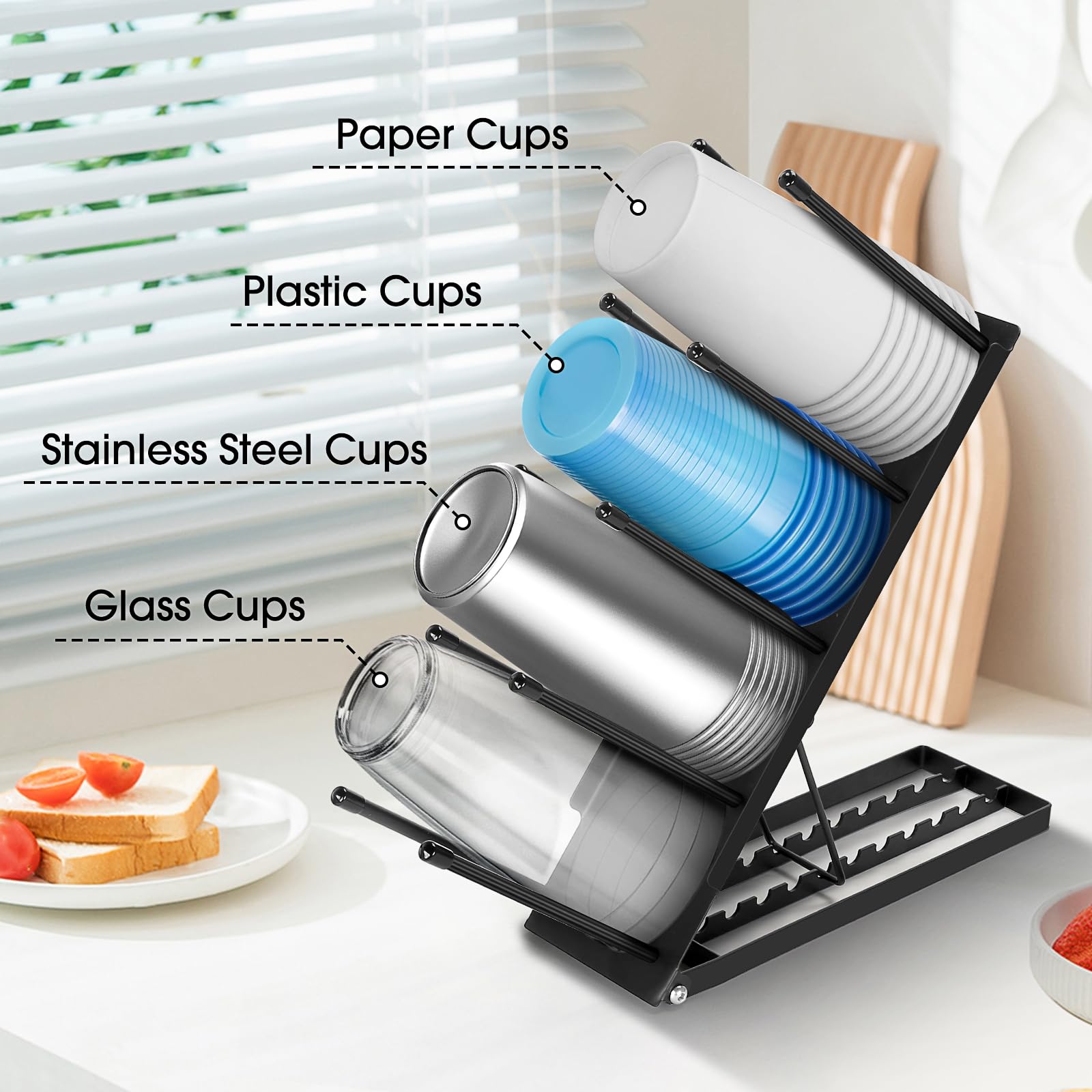 Distributeur De Gobelets à Café 4 Compartiments - Porte-Tasses Réglable Noir Pour Bureau/Cuisine
