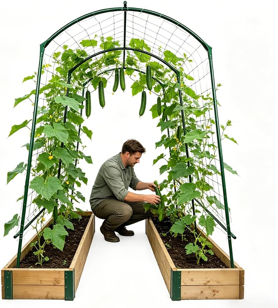 80''H Cucumber Trellis for Raised Bed, U-Shape Metal Arch Trellis, Adjustable Garden Support for Climbing Plants Like Cucumbers, Tomatoes, and Beans, Outdoor Plant Frame for Vegetables