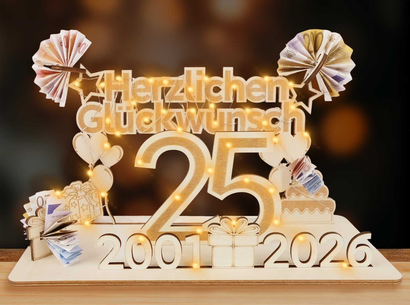 ARTREE Geldgeschenke Geburtstag Frau Mann, Holz Schild Gästebuch mit LED Lichterkette, Personalisiertes Geschenke Geburtstagszahlen, Geburtstag Deko, Hochzeit Deko
