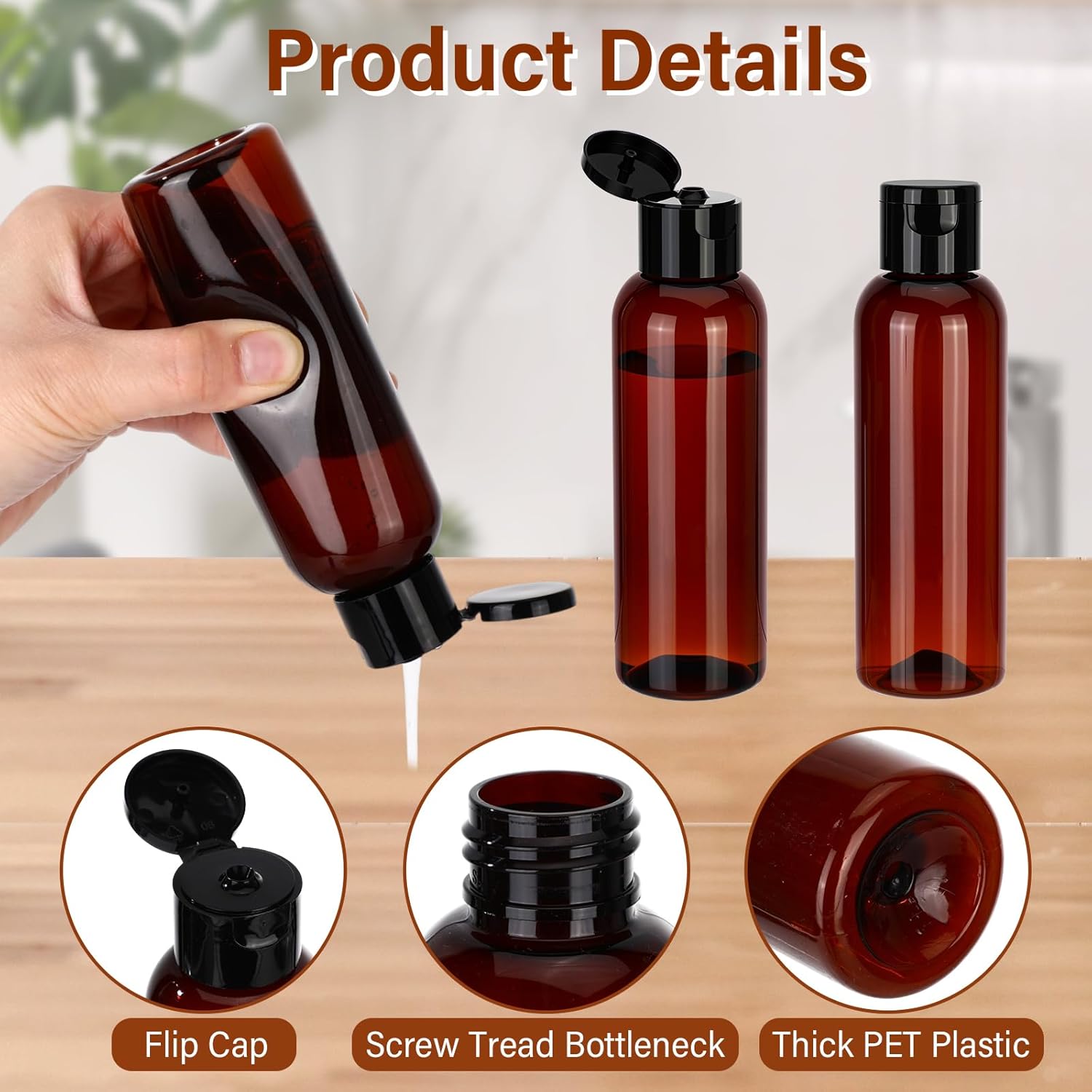 Mimorou 50 Pcs Plastic Squeeze Bottle with Cap Empty Amber Refillable Container Small Travel Toiletry Bottle for Lotion Shampoo Oil Body Soap Creams(Flip-top Lid,4oz,Brown/black)