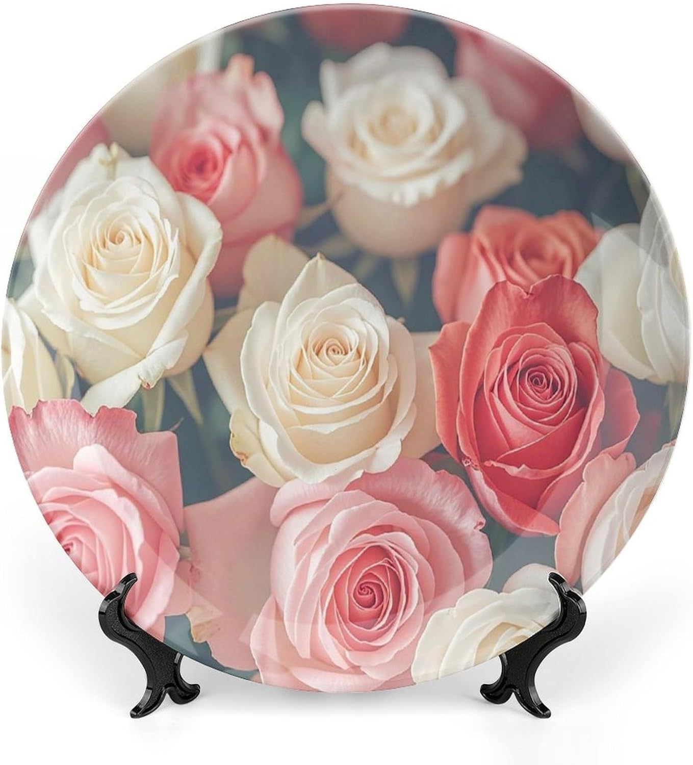 Soft Color Roses Decorative Ceramic Plate Round Porcelain Plate Decor Personalized Bone China Decorative Plates Ceramic Ornaments Dessert Plates with Display Stand 8inch