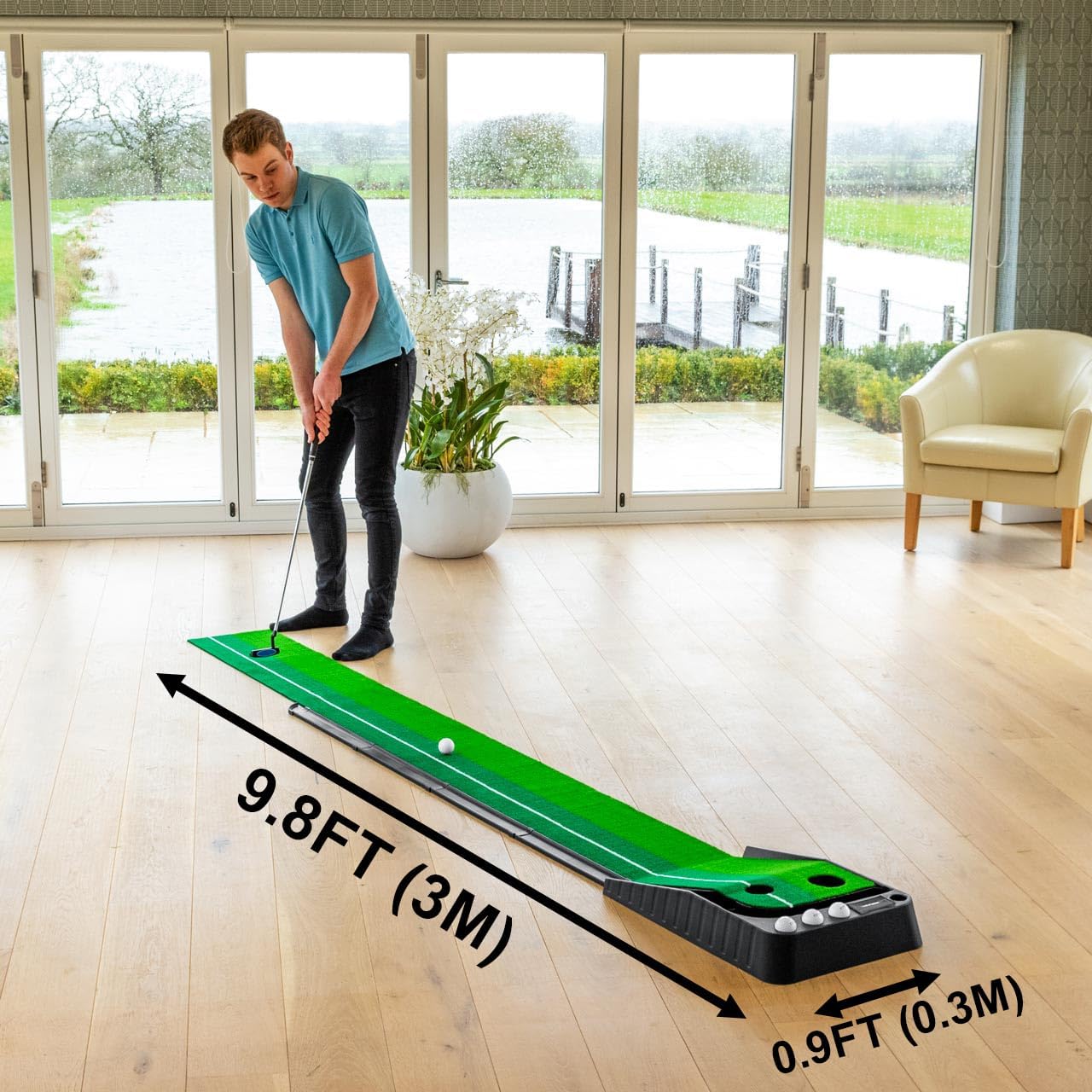 FORZA Dual Speed Golf Putting Mat Trainer 10ft – Indoor Putting Green with Fast & Slow Turf, Auto Ball Return System & Non-Slip Base – Golf Practice Mat for Accuracy, Speed Control & Home Training