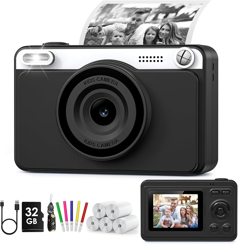 GREENKINDER Appareil Photo Instantané, 2.4" Écran Appareil Photo Enfant avec 32GB & 5 Rouleaux de Papier d'impression, Cadeau Jouet pour Enfant Garçons Filles 3-14 Ans