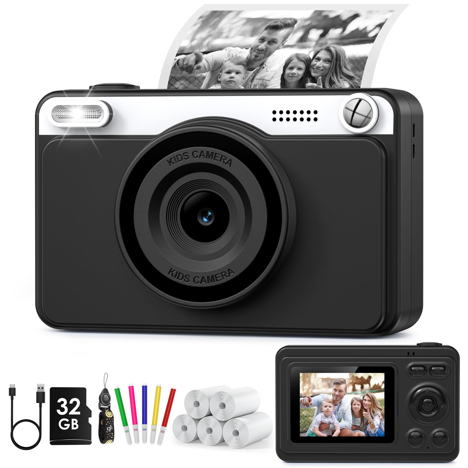 Macchina Fotografica Bambini Istantanea, 2.4" Schermo Fotocamera Istantanea con 32GB Scheda, 1080P Fotocamera Digital per Bambini, Giocattolo Regalo per 3-14 Anni