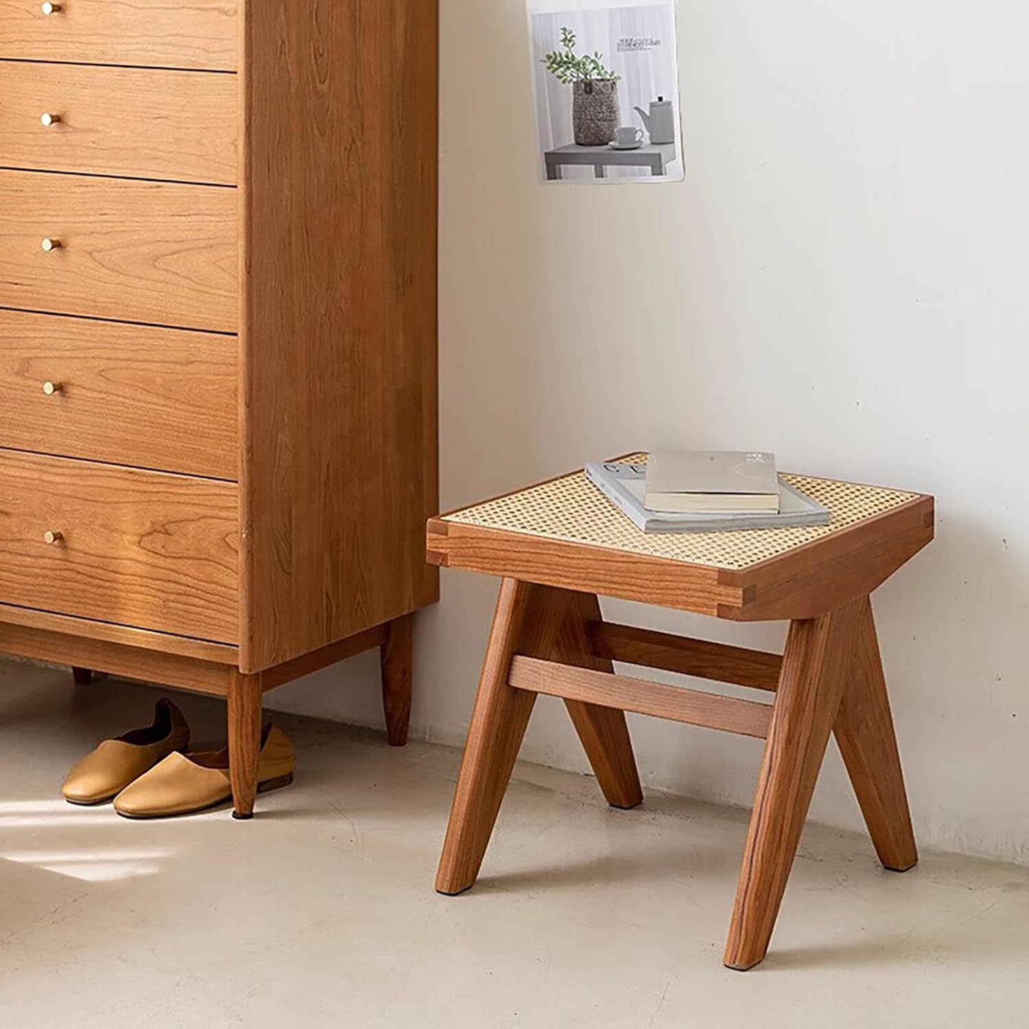 Solid Hardwood Legs, Modern Wicker Rattan Dining Bench, Farmhouse Indoor Kitchen Table Benches, with Armless Design and Short Height, for Living Room, Hallway, Bedroom, Bathroom.(Brown)