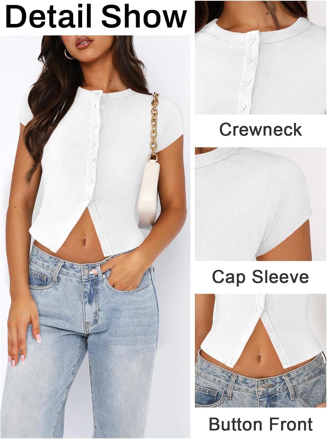 Women's Button Down Shirt Cap Sleeve Tops for Women Button Up Ribbed Knit Slim Fit Casual Y2K Crop Going Out Top - Image 4