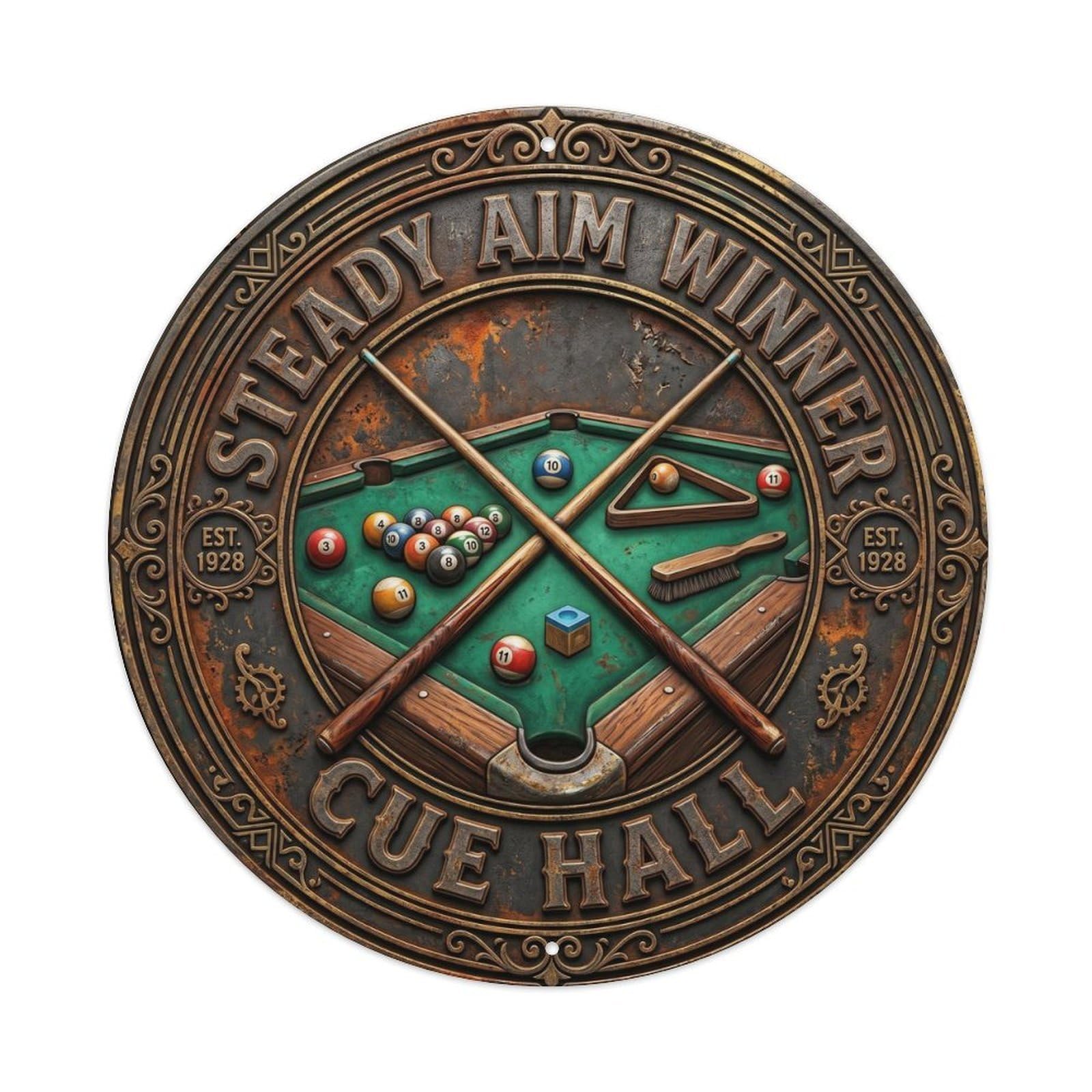 Metal Tin Sign Steady Aim Winner Cue Hall