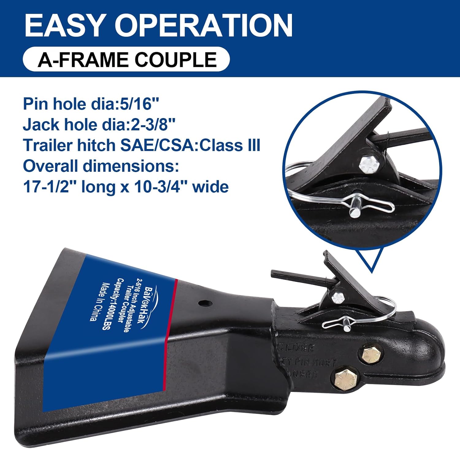 15,000 lbs Heavy Duty A-Frame Trailer Coupler, Fits 2-5/16" Hitch Ball, Class IV Towing Capacity for RV, Car Hauler & Construction Trailers, Black Powder Coated Finish, Bolt-On Installation