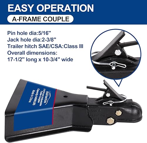 Miniatura 9 de Acoplador de remolque con marco A de 2 pulgadas con pestillo de gatillo para remolque RV, barco, cámper (8000 libras, negro)