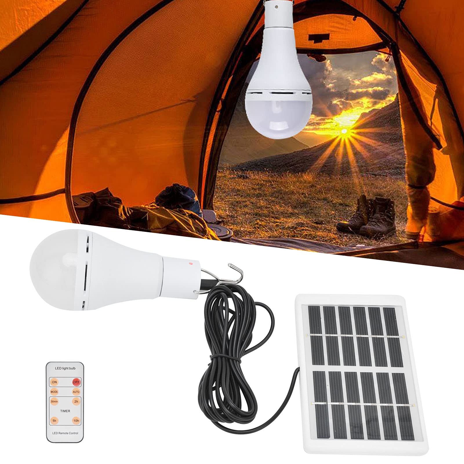 Bombilla Solar Drikou, recargable con temporizador remoto, bombilla LED con alimentación solar, luz blanca, bombilla inteligente integrada para acampar el jardín