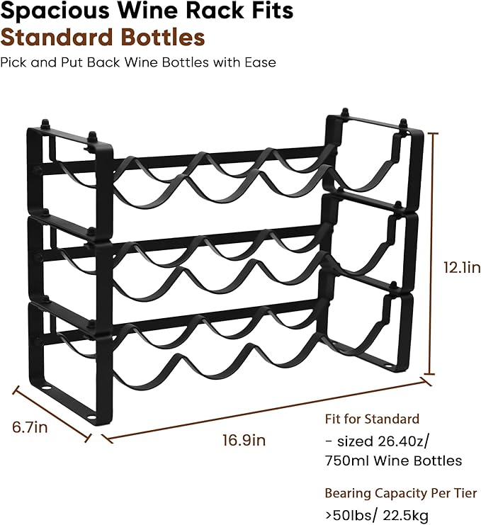 Organizador de Botellas de Vino de 3 Niveles, Metal, Negro miniatura 2