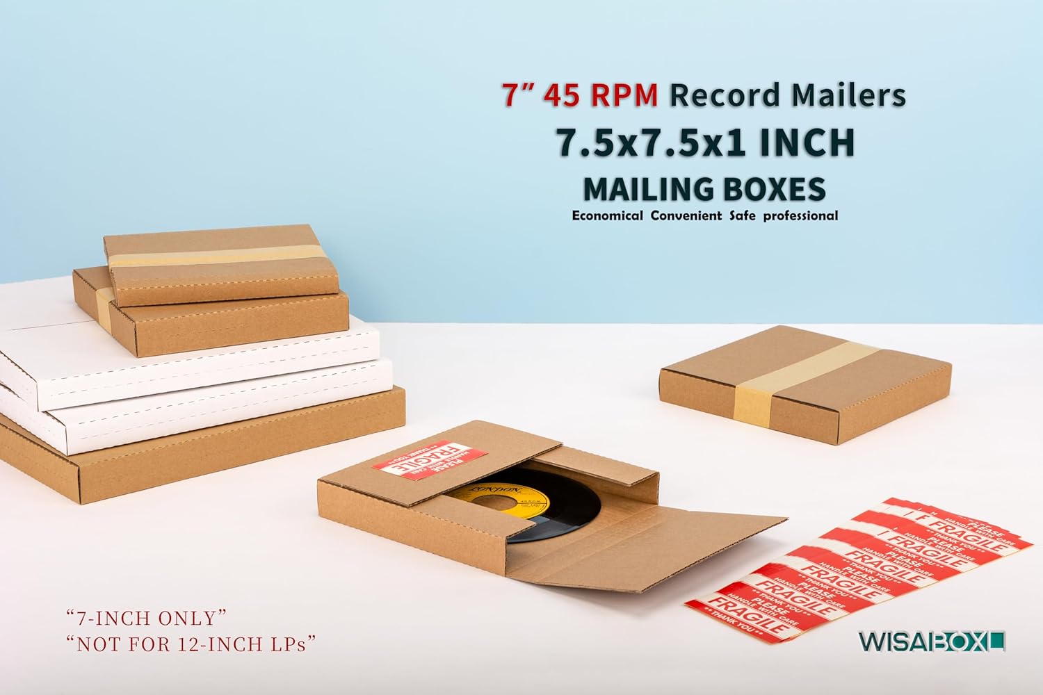 7 Inch 45 RPM Record Mailers (NOT for 12" LPs), 7.5 x 7.5 x 1 Inch Easy-Fold Corrugated Shipping Boxes for Standard 7" Vinyl Singles, with Fragile Stickers, Kraft Brown, 50 Pack
