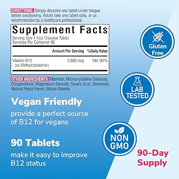 Vitalibre Vitamin B12 2500 mcg, Extra Strength Sublingual Methylcobalamin, Natural Peach Flavor, Nervous System, Energy Support, No Sugar, 90 Fast Dissolve Tablets