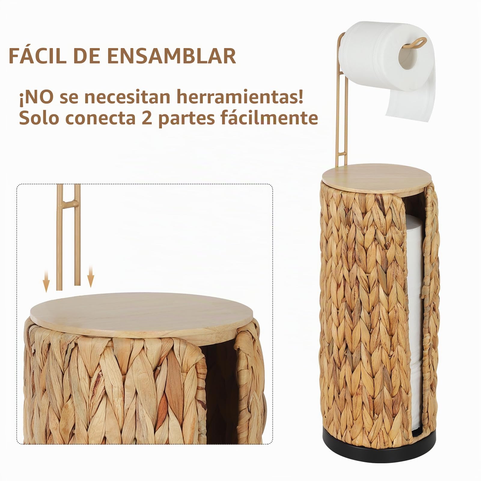 Portarrollos de Papel Higiénico de Pie con Estante, Porta Rollos de Papel Inodoro de Pie, Soporte de Papel Higiénico Boho de Ratán, Portarrollo de Papel Higiénico de Jacinto de Agua para 4 Rollos