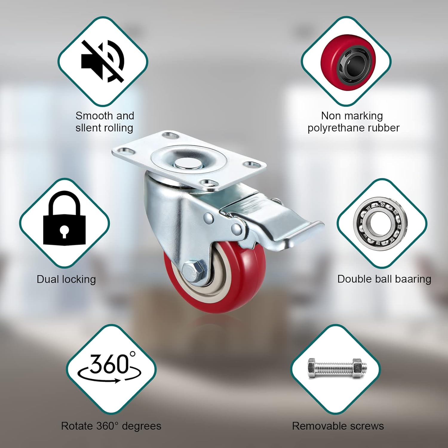 FPOWER 3'' Heavy Duty Casters, Locking Caster Wheels Set of 4, Swivel Casters with Brake, 360 Degree No Noise Plate Casters for Furniture and Workbench (Free Screws & A Spanner): Industrial & Scientific