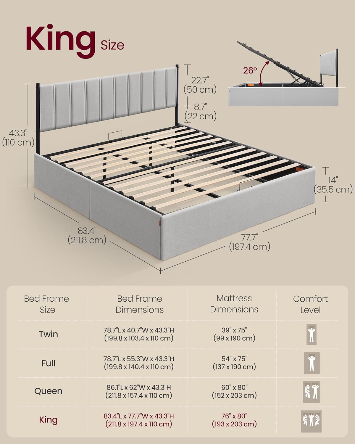 VASAGLE Lift Up Storage Bed Frame King Size, Hydraulic Platform Bed, with Upholstered Headboard, 1100 lb Weight Capacity, No Box Spring Needed, Easy Assembly, Modern, Dove Gray URMB604G01V1