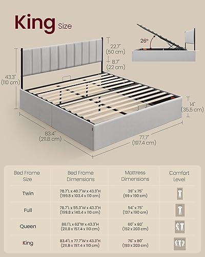 Miniatura 17 de VASAGLE Base de cama de almacenamiento elevable, tamaño individual, cama de plataforma hidráulica, con cabecera tapizada, capacidad de peso de 550