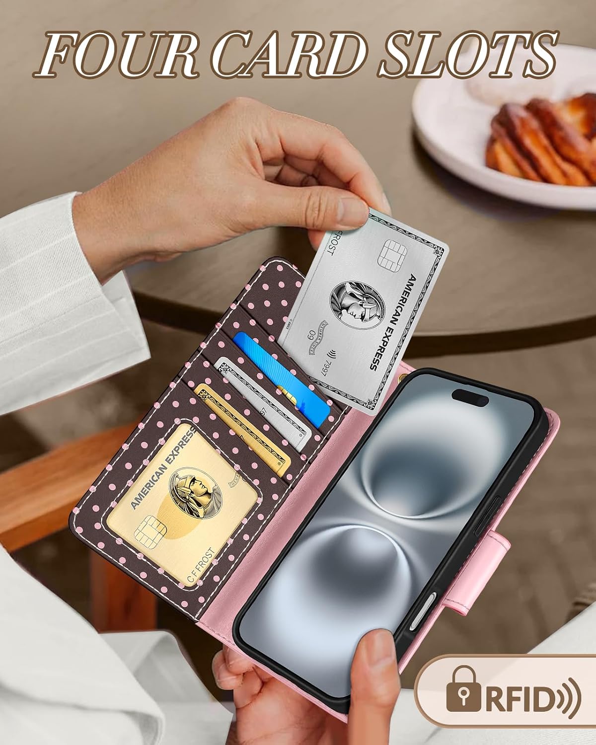 Toycamp for iPhone 16 Plus Wallet Case, Leather Flip Cover, Brown Polka image 4