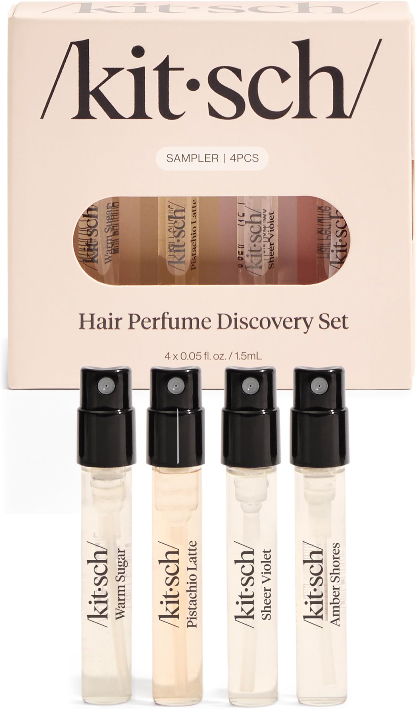Kitsch Hair Perfume For Women (Discovery Set) - Pistachio Latte, Warm Sugar, Sheer Violet & Amber Waves - Patented Odor-Eliminating Technology, Hair Spray and Body Mist - 4 x 1.5mL