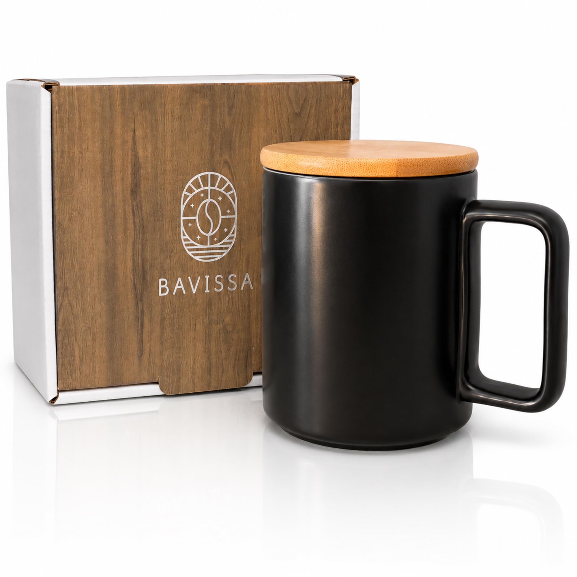 BAVISSA Ceramic Coffee Mug, 400ml, Bamboo Lid, Spillproof (Satin Black)