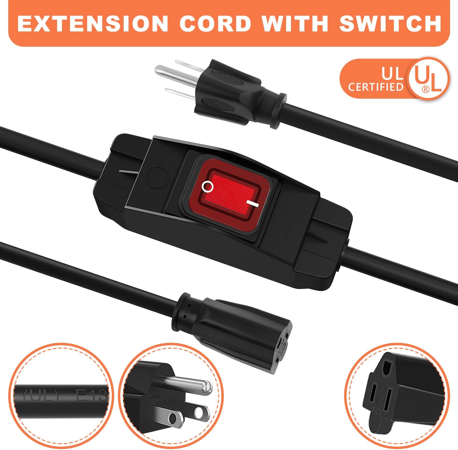 Knoweasy 16 Ft Outdoor Extension Cord with Switch On/Off: 14AWG 3 Prong Waterproof Cord, 15A 125V, Lighted Inline Power Switch for Electrical Equipment - Switched Extension Cord