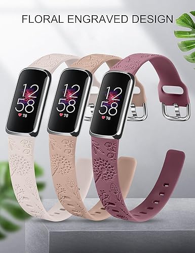 Miniatura 2 de Minyee Paquete de 3 correas compatibles con Fitbit Luxe para mujer, de silicona suave, con grabado floral, correa deportiva de diente de león,