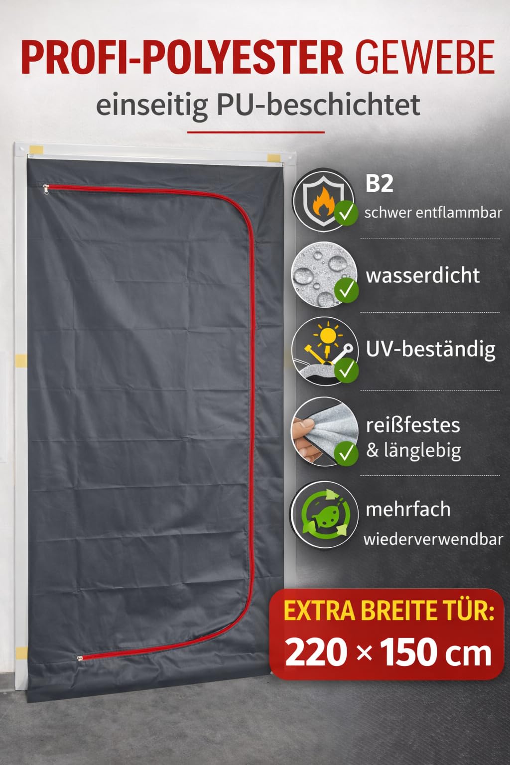 UNITEX PRO Porte anti-poussière 220 x 150 cm – B2 ignifuge et imperméable | Polyester robuste revêtu de polyuréthane | Lavable et réutilisable | Directement du fabricant