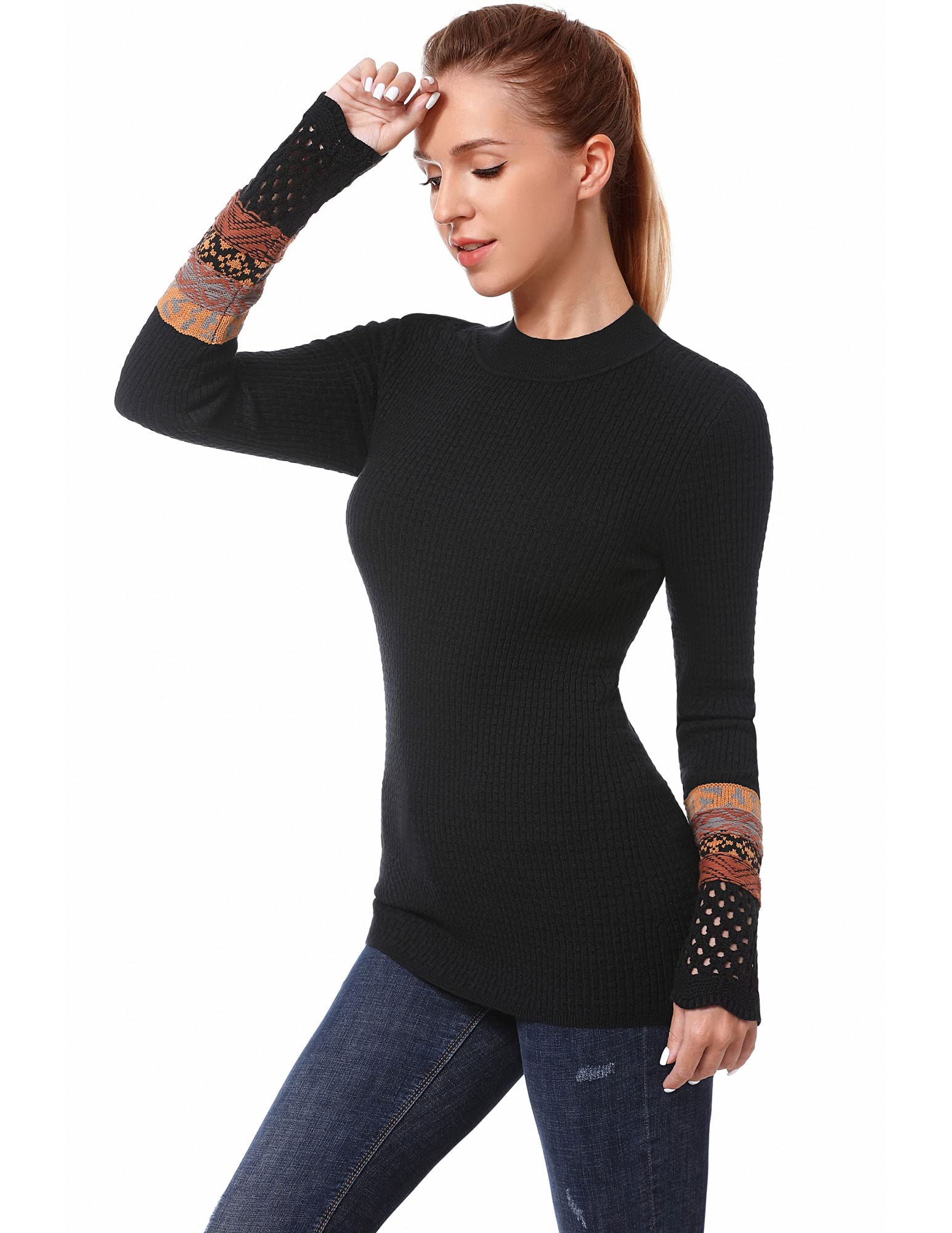 Am lieBoutik Women Crew Neck Long Sleeve Fair Isle Eyelet Cuff Pullover Sweater