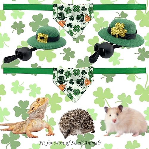 Miniatura 4 de CooShou Sombreros y bandanas para el Día de San Patricio, 4 piezas, sombrero de bolero de conejo con decoración de trébol, conejo, hámster, bandana